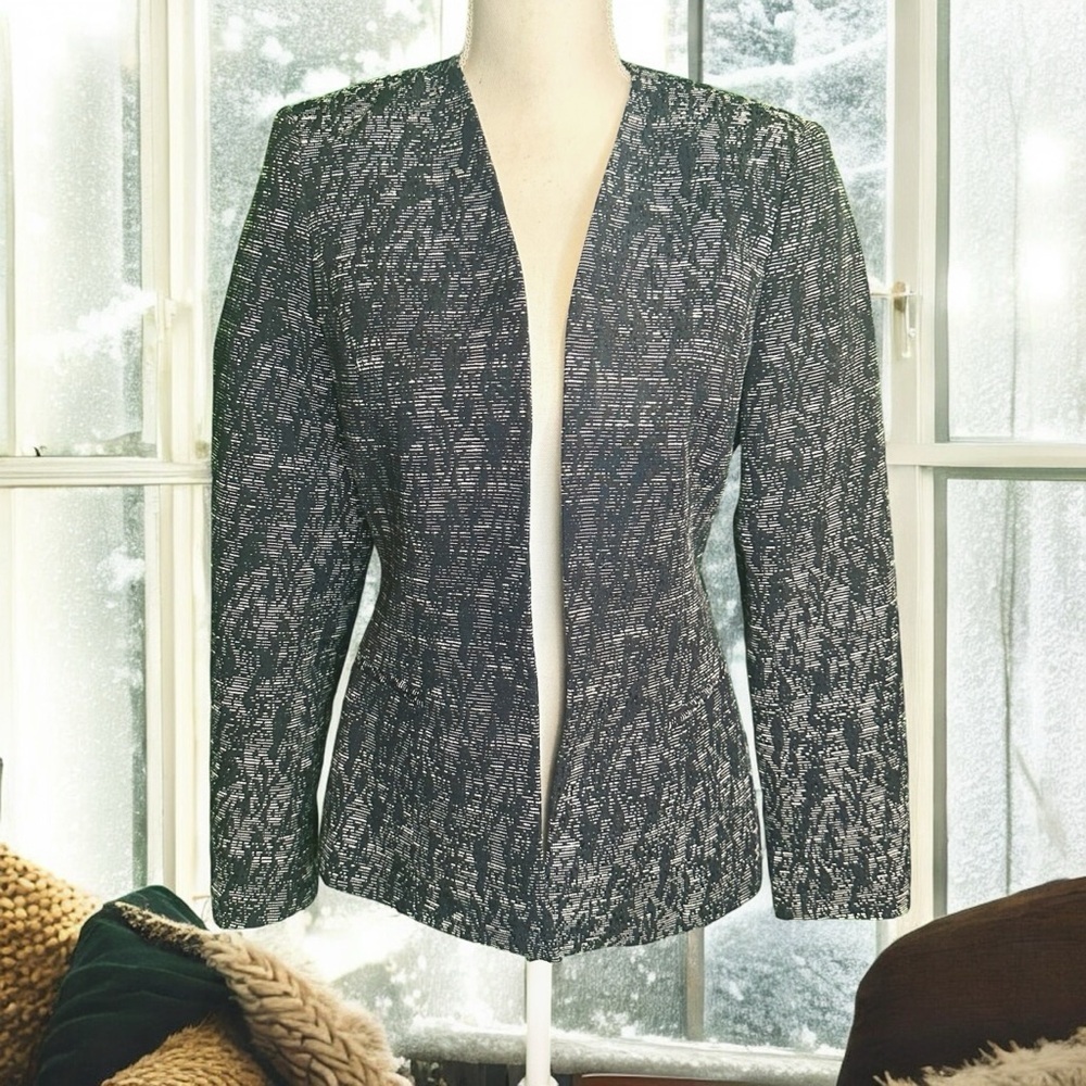 NWT Calvin Klein Black & Gray Abstract Jacquard Collarless Blazer Size 4